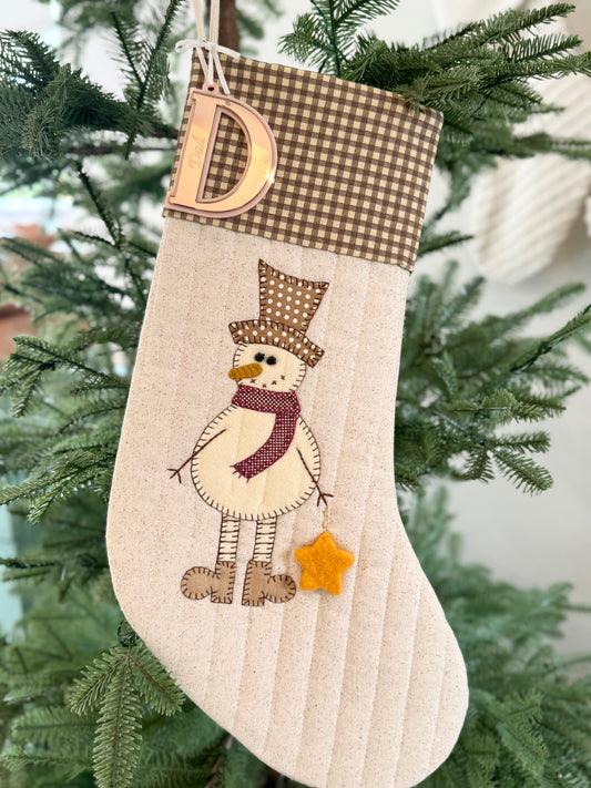 Snowman Stocking on Neutral Fabric