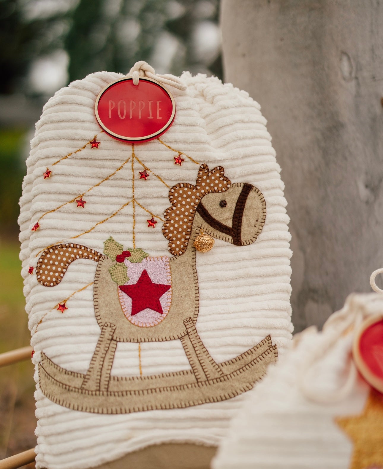 Rocking Horse with Embroidered Tree Christmas Sack Deluxe Velvet cord