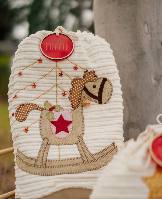 Rocking Horse with Embroidered Tree Christmas Sack Deluxe Velvet cord