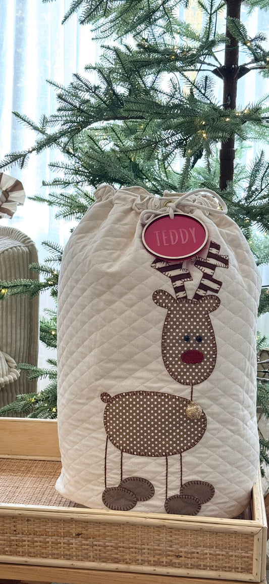Rudy the Reindeer Christmas Sack in Cream  Quilted   Fabric