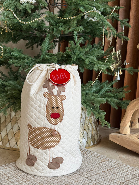 Rudy the Reindeer Christmas Sack in Cream  Quilted   Fabric