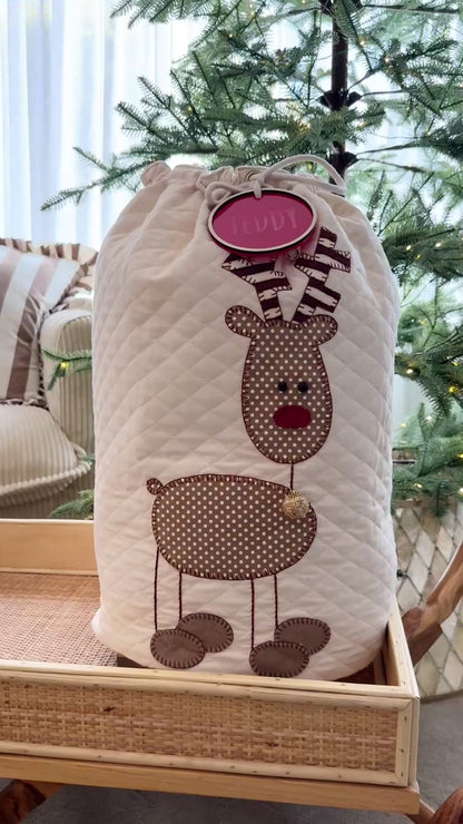 Rudy the Reindeer Christmas Sack in Cream  Quilted   Fabric