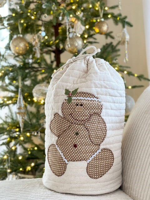 Gingerbread Christmas Sack in Neutral Fabric