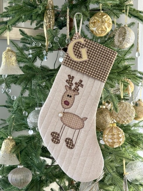 Rudy the Reindeer Stocking on Neutral Fabric